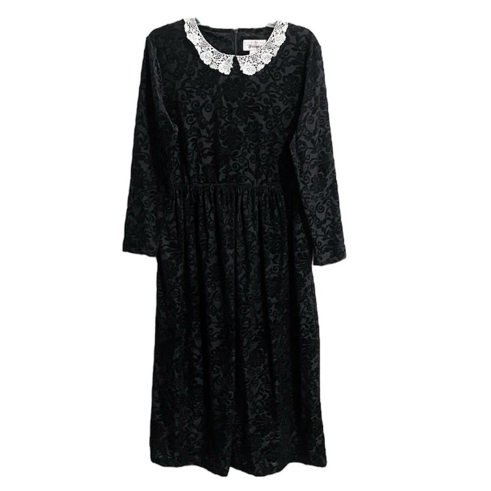 Vintage Womens Worthington Gothic Lace Collar Velvet Midi Dress 12 Black RBG